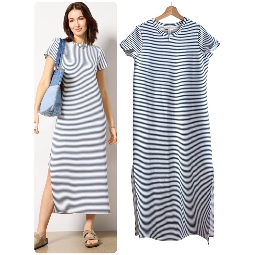 SPANX AirEssentials Stripe Side Slit Maxi T-Shirt Dress Short Sleeve Blue White